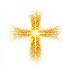 Fototapeta premium A radiant golden cross explodes with light, creating a sparkling burst of divine energy. Perfect for religious or spiritual designs, symbolizing hope and faith.