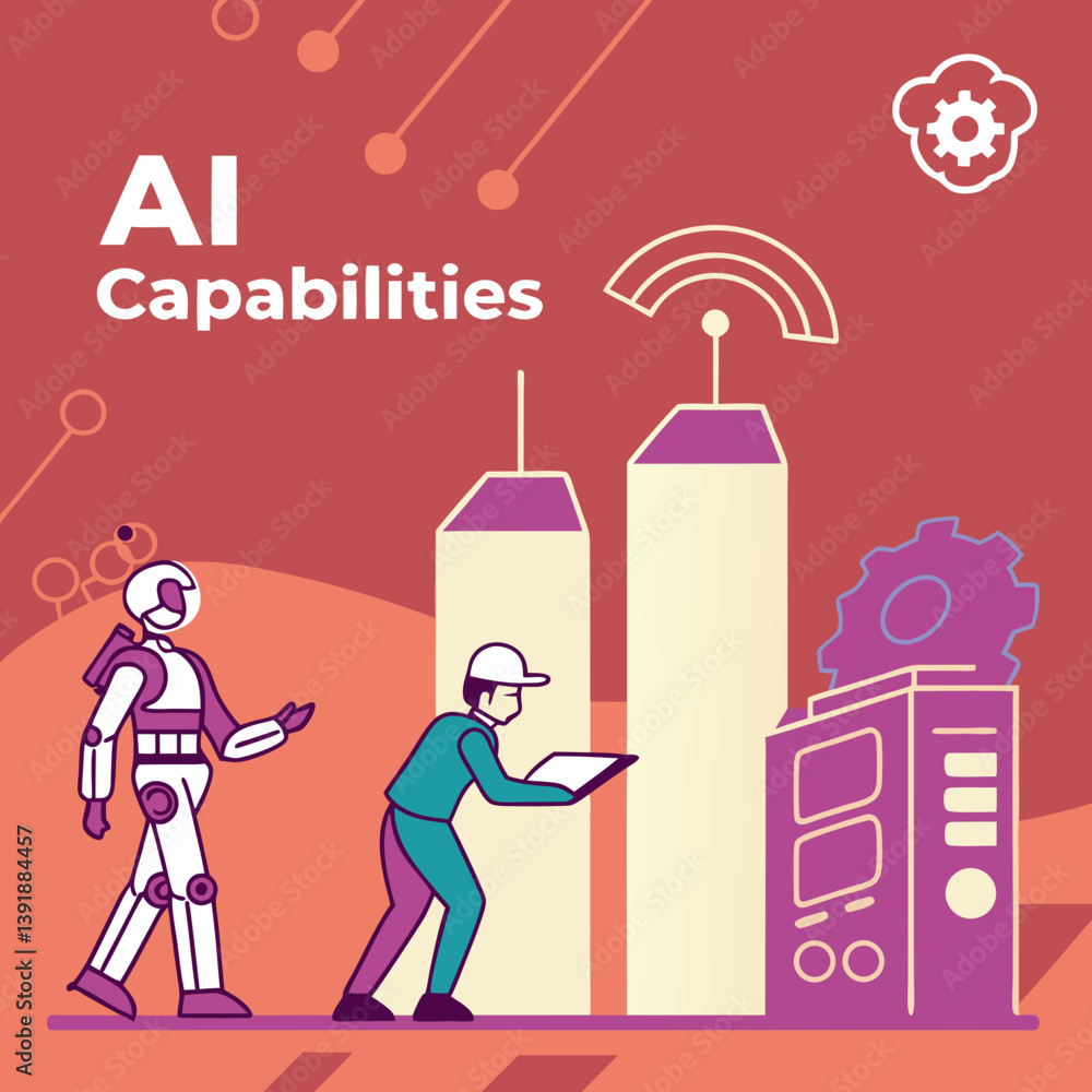 Aufkleber illustration of ai capabilities with robot and engineer