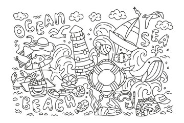 Coloring page on the theme of the sea, relaxing on the beach, vacation. Black outline only.