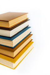 stack large pile of printed literary old books lies on table, book covers and pages for study, book pages and bindings on white background with space for text