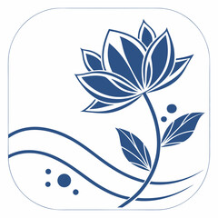 Fototapeta premium Stylized blue flower with leaves and wavy lines illustration