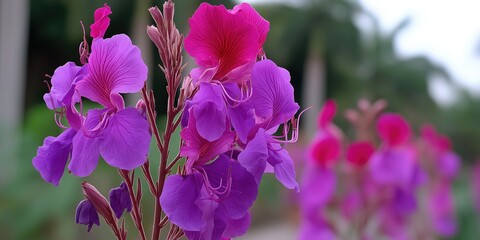 Delicate purple and pink flower petals gently sway in a soft breeze, showcasing their vibrant hues and intricate details in a high-fidelity close-up image.