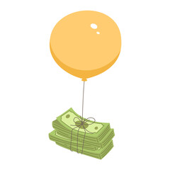 Stacks of paper money bills, tied to a balloon. Loss of money, inflation.