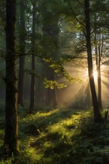 Fototapeta premium A forest with a sun shining through the trees