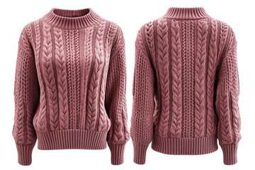 Obraz premium Pink Cable Knit Sweater Front and Back View Isolated on White Background 