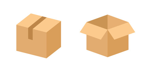 A set of delivery cardboard boxes. Open and closed carton packaging box collection for storage, shipment. Isometric empty blank packs for cargo, food, gift isolated on white background