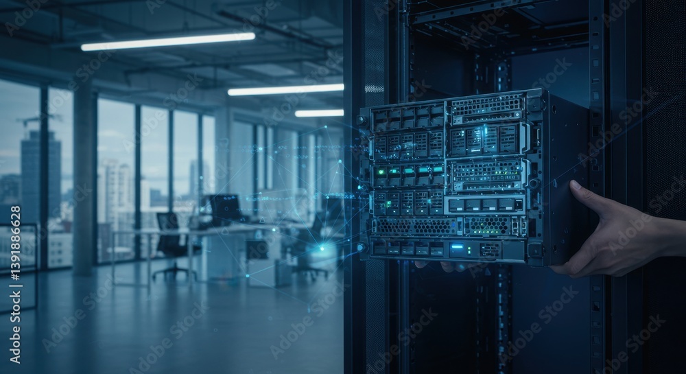 Poster modern data center server blade installation and network visualization in a contemporary office spac