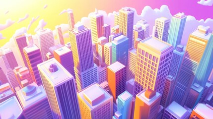 Colorful city skyline, aerial view, pastel colors, digital art, vibrant cityscape