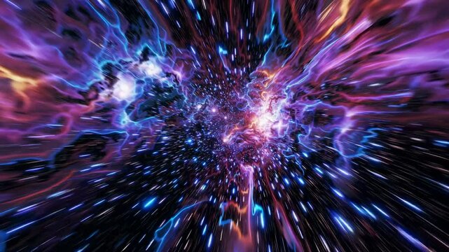 Dynamic video of a cosmic explosion with a vibrant, electric color palette. Captured from a central, zooming angle, creating a sense of motion and depth. Live desktop wallpaper.
