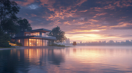 Fototapeta premium Modern house by tranquil river at sunset, reflecting warm light