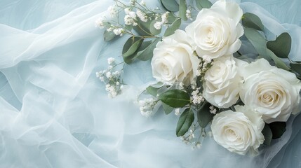 Elegant White Roses on Soft Blue Fabric