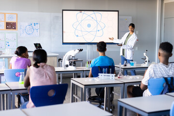 In school, Indian female teacher presenting scientific diagram on screen to students in classroom