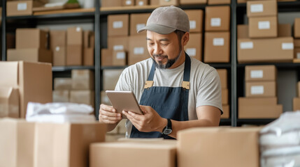 Asian warehouse worker using a digital tablet surrounded by stacked cardboard boxes.