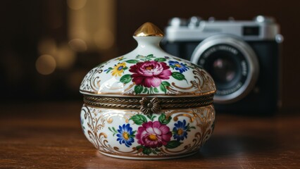 Vintage floral jewelry box and camera on a wooden table, a still life.