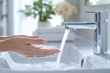 Washing hands with clean water at modern sink bathroom lifestyle bright and refreshing environment