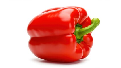 A vibrant red bell pepper with a glossy finish sits against a white background.