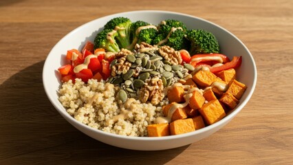 Healthy grain bowl with quinoa, broccoli, sweet potato, and nuts in white bowl.