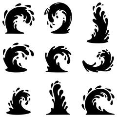 Water splash icons set. Black silhouettes of various water splash shapes with droplets, arranged on a white background. Vector illustration.