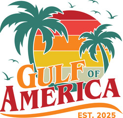 Gulf of America vector illustration, featuring palm trees and a vibrant sunset. Perfect for Adobe Illustrator projects, capturing tropical acest. 2025.