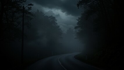 Fototapeta premium An eerie, dark road winding through foggy trees under an overcast sky.