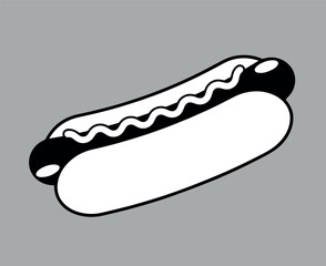 Minimalist Hot Dog Illustration on Gray Background. A simple black and white vector illustration of a hot dog with sauce on a gray background.