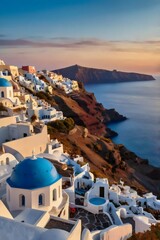 A blue and white building with a blue dome sits on a hill overlooking the ocean