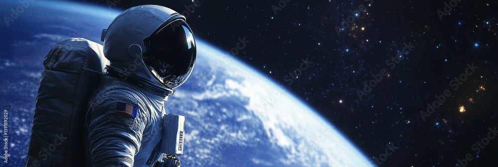 Poster astronaut in spacesuit floats in space with earth and stars