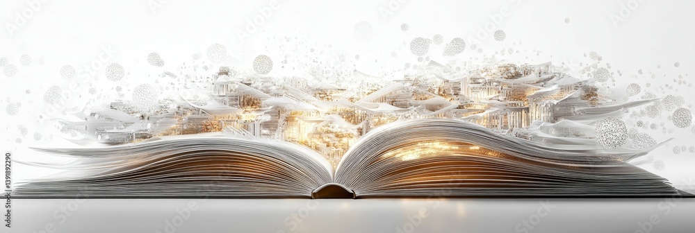 Poster open book with light and particles emanating from it on