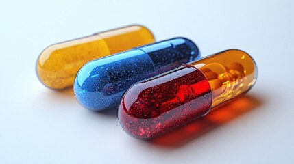 Health supplements in focus colorful capsules on a white background still life scientific concept