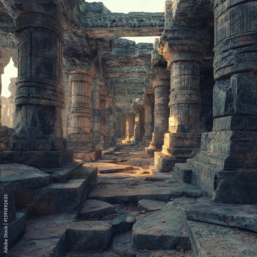 Poster ancient stone temple ruins with columns and archways in a