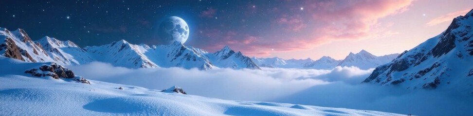 Frozen snow-covered planet with misty mountains and stars, celestial, space, frosty