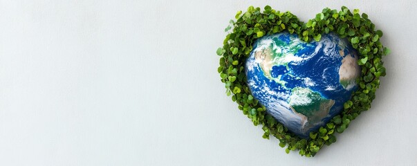 Earth as heart shape with green vines, love the planet message