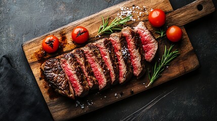 Dry-aged beef steak with rich marbling cooked medium-rare sliced thin and plated with gourmet presentation