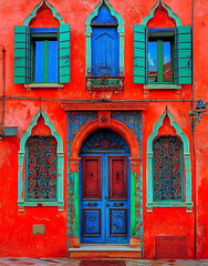 Colorful old Venetian house with red windows and wooden doors on a stone street
