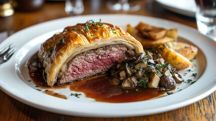 Elegant beef Wellington plated with a crisp puff pastry crust truffle-infused mushroom duxelles and a drizzle of port wine jus