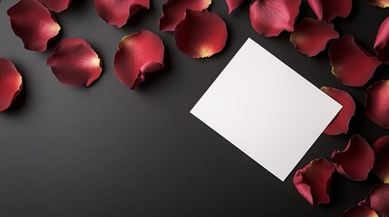 A blank card is artistically placed atop bright red rose petals, creating a sophisticated and romantic setting ideal for invitations
