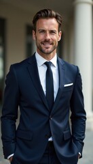 Slim figure dressed in navy suit with white shirt and slim black tie, slim, elegant, professional