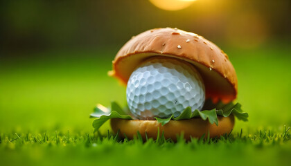 Humorous image of a golf ball inside a burger bun with lettuce on a green golf course