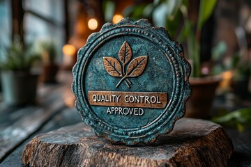 Quality Control Approved Badge with Leaf Design on Natural Background