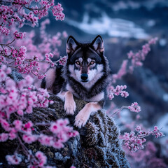 wolfdog resting atop a mountain peak next to cherry blossoms