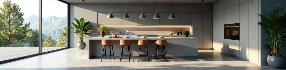 Modern gray corner kitchen with sleek bar and stools, corner, bar