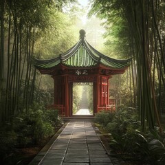 Asian style gate with path surrounded by bamboo forest in