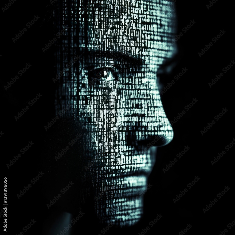 Poster face with digital pattern overlayed on dark background representing technology