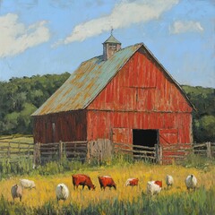 Painting of a red barn with animals grazing in a