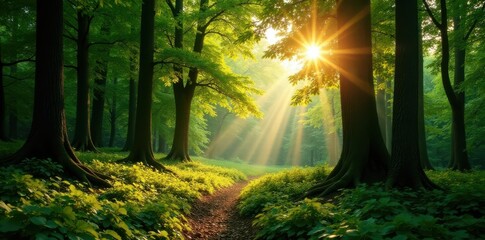 Fototapeta premium Panorama of forest with sunlight filtering through trees, sunlight, trees