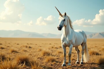 Obraz premium Regal white unicorn stallion standing proudly in a vast open landscape , majestic horses, nature scenery