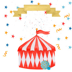 Watercolor illustration of a classic vintage circus tent with red and white stripes, ball and stars, confetti. highlighted on a white background. For children's greeting cards, invitations. © Tatiana