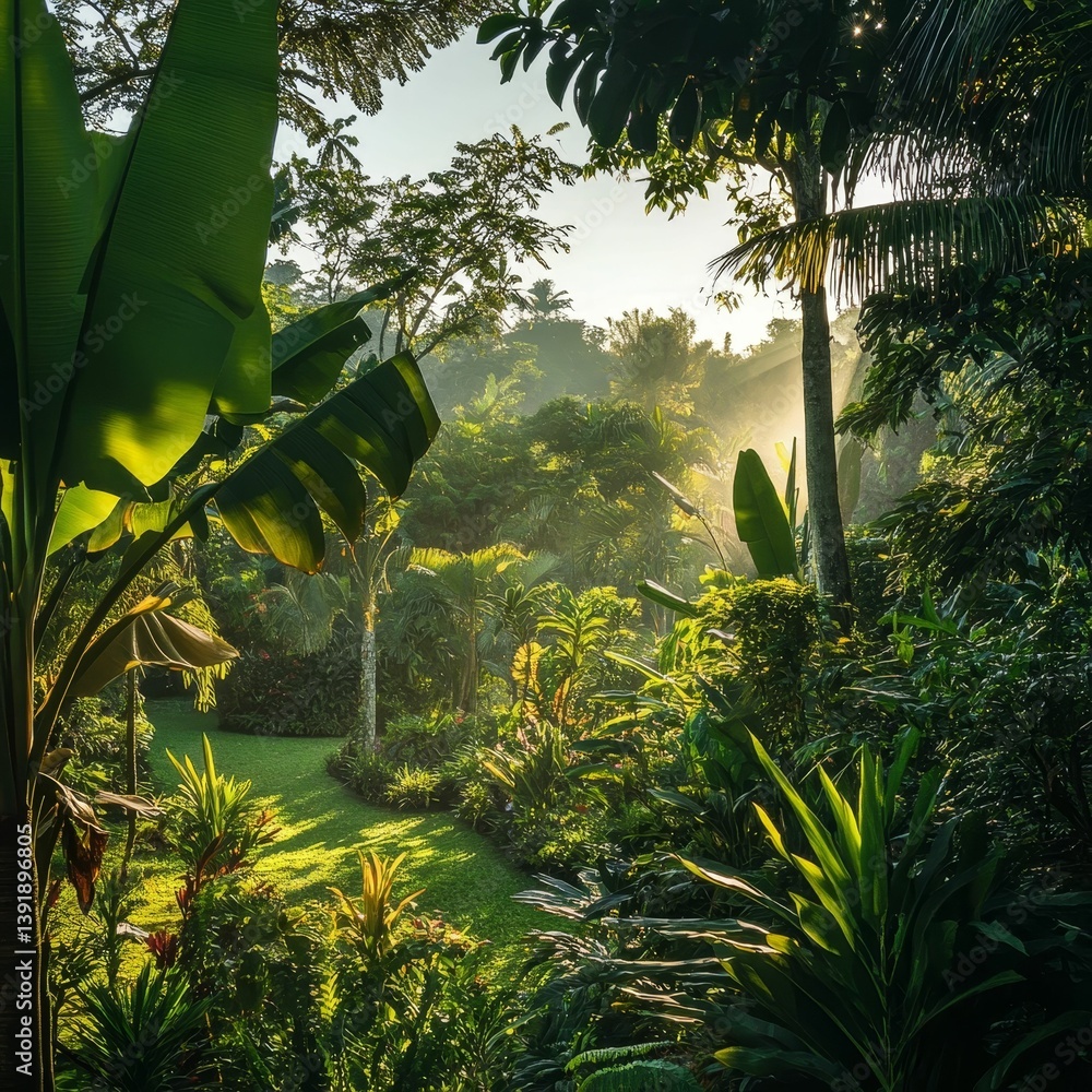 Poster lush green forest with sunlight filtering through the trees creating