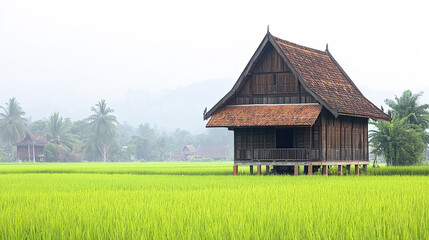 Obraz premium charming wooden Thai village house with steep roof in lush green field