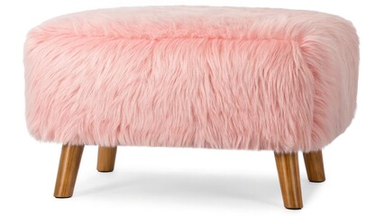 A cozy pink faux fur ottoman featuring wooden legs, perfect for adding a stylish touch to any living space. Ideal for relaxation and modern decor.